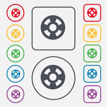 film icon sign. symbol on the Round and square buttons with frame. illustration