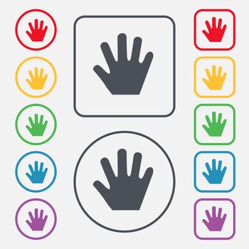 Hand icon sign. symbol on the Round and square buttons with frame. illustration