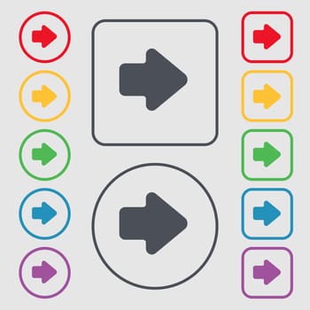 Arrow right, Next icon sign. symbol on the Round and square buttons with frame. illustration