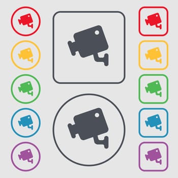 video camera icon sign. symbol on the Round and square buttons with frame. illustration