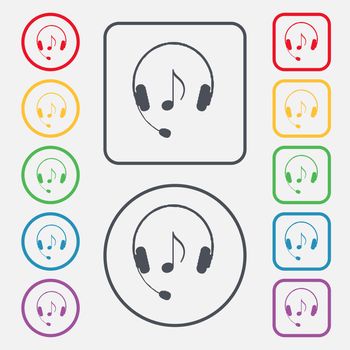 headsets icon sign. symbol on the Round and square buttons with frame. illustration