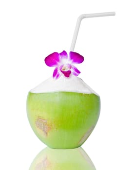 Green coconuts with drinking straw isolated, clipping path.