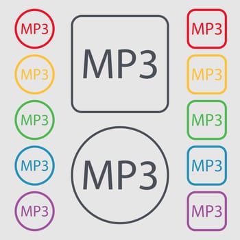 Mp3 music format sign icon. Musical symbol. Symbols on the Round and square buttons with frame. illustration