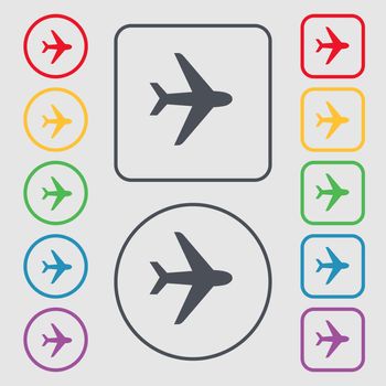 Plane icon sign. symbol on the Round and square buttons with frame. illustration