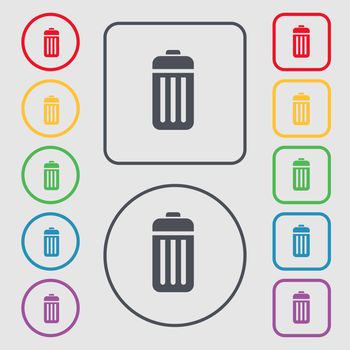 The trash icon sign. symbol on the Round and square buttons with frame. illustration