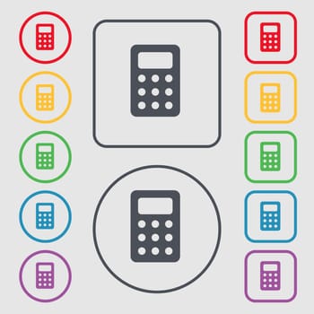 Calculator, Bookkeeping icon sign. symbol on the Round and square buttons with frame. illustration
