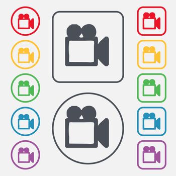 camcorder icon sign. symbol on the Round and square buttons with frame. illustration