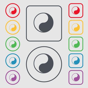 Yin Yang icon sign. symbol on the Round and square buttons with frame. illustration