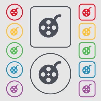 Film icon sign. symbol on the Round and square buttons with frame. illustration