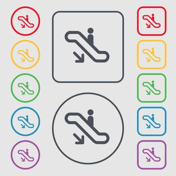 elevator, Escalator, Staircase icon sign. symbol on the Round and square buttons with frame. illustration