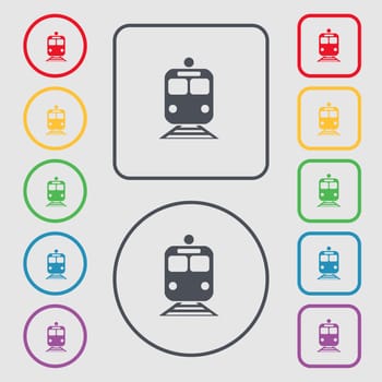train icon sign. symbol on the Round and square buttons with frame. illustration