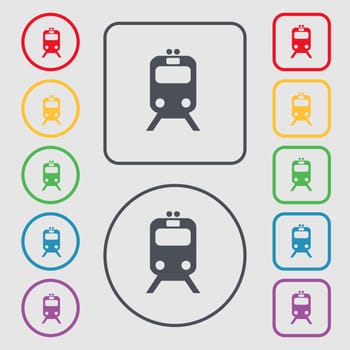 train icon sign. symbol on the Round and square buttons with frame. illustration
