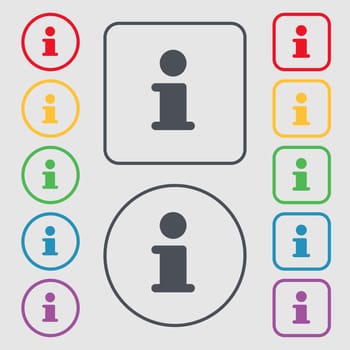 Information, Info icon sign. symbol on the Round and square buttons with frame. illustration