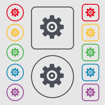 Cog settings, Cogwheel gear mechanism icon sign. symbol on the Round and square buttons with frame. illustration