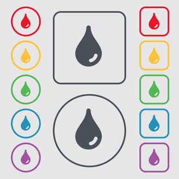 Water drop icon sign. symbol on the Round and square buttons with frame. illustration