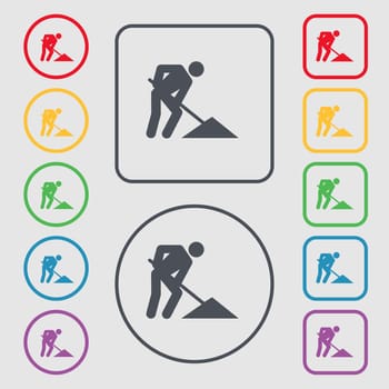 repair of road, construction work icon sign. symbol on the Round and square buttons with frame. illustration