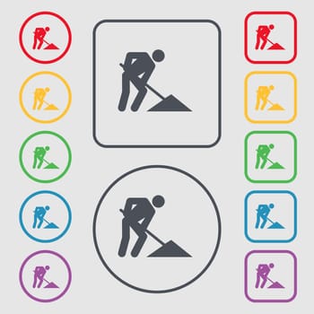 repair of road, construction work icon sign. symbol on the Round and square buttons with frame. illustration