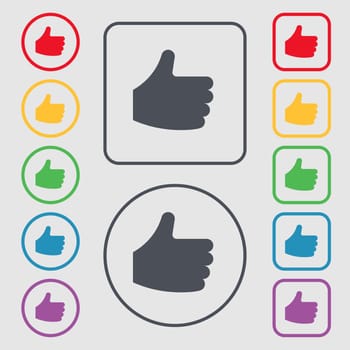 Like, Thumb up icon sign. symbol on the Round and square buttons with frame. illustration