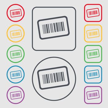 Barcode icon sign. symbol on the Round and square buttons with frame. illustration