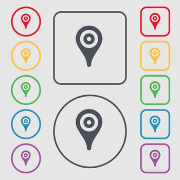 Map pointer, GPS location icon sign. symbol on the Round and square buttons with frame. illustration