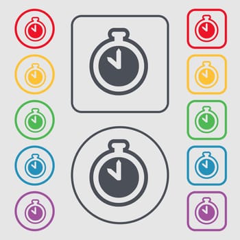 The stopwatch icon sign. symbol on the Round and square buttons with frame. illustration