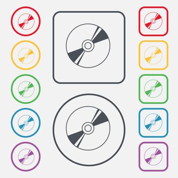 Cd, DVD, compact disk, blue ray icon sign. symbol on the Round and square buttons with frame. illustration