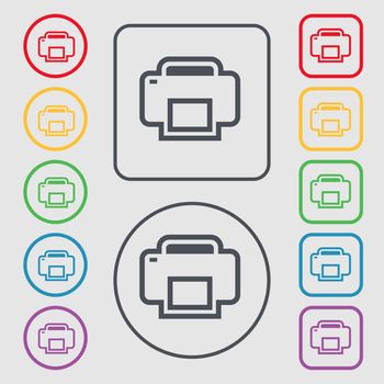 Printing icon sign. symbol on the Round and square buttons with frame. illustration