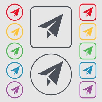 Paper airplane icon sign. symbol on the Round and square buttons with frame. illustration
