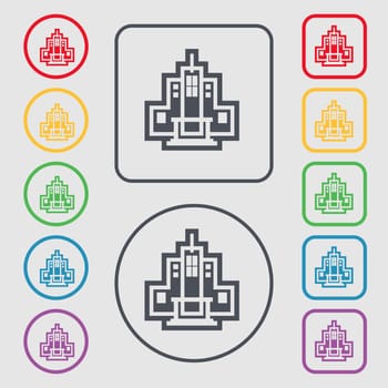 skyscraper icon sign. symbol on the Round and square buttons with frame. illustration