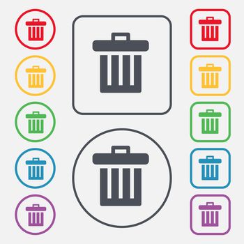 Recycle bin icon sign. symbol on the Round and square buttons with frame. illustration