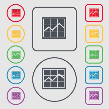 Chart icon sign. symbol on the Round and square buttons with frame. illustration