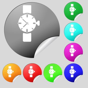 watches icon symbol . Set of eight multi colored round buttons, stickers. illustration