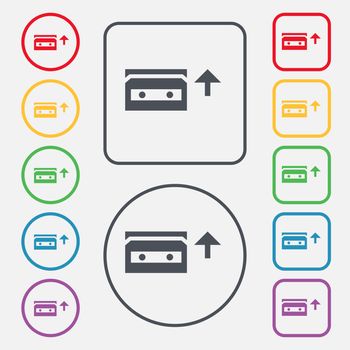 audio cassette icon sign. symbol on the Round and square buttons with frame. illustration