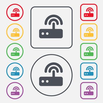 Wi fi router icon sign. symbol on the Round and square buttons with frame. illustration