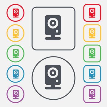 Web cam icon sign. symbol on the Round and square buttons with frame. illustration