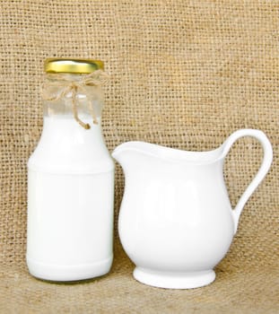 glass of milk on sack background