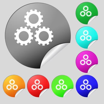 Cog settings sign icon. Cogwheel gear mechanism symbol. Set of eight multi colored round buttons, stickers. illustration