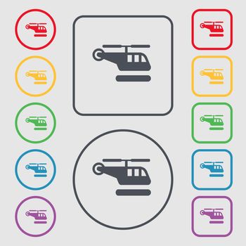 helicopter icon sign. symbol on the Round and square buttons with frame. illustration