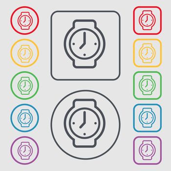 watches icon sign. symbol on the Round and square buttons with frame. illustration