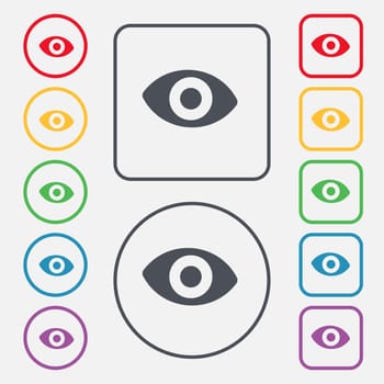 sixth sense, the eye icon sign. symbol on the Round and square buttons with frame. illustration