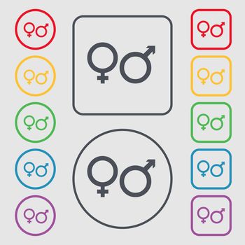 male and female icon sign. symbol on the Round and square buttons with frame. illustration