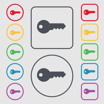 key icon sign. symbol on the Round and square buttons with frame. illustration