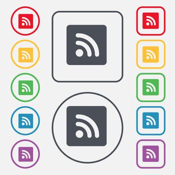 RSS feed icon sign. symbol on the Round and square buttons with frame. illustration