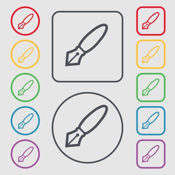 Pen icon sign. symbol on the Round and square buttons with frame. illustration