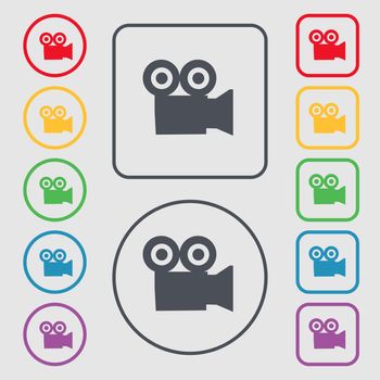 video camera icon sign. symbol on the Round and square buttons with frame. illustration