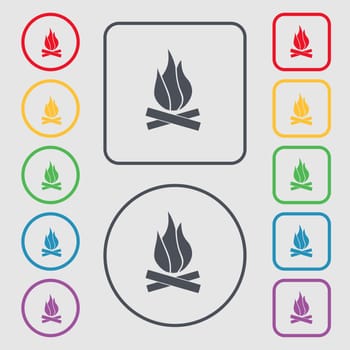 A fire icon sign. symbol on the Round and square buttons with frame. illustration