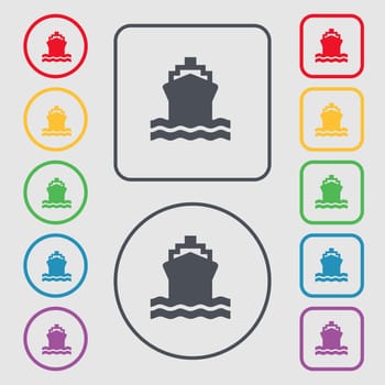 ship icon sign. symbol on the Round and square buttons with frame. illustration