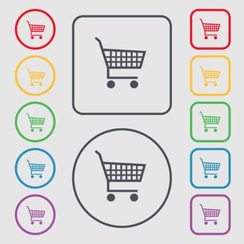 shopping cart icon sign. symbol on the Round and square buttons with frame. illustration