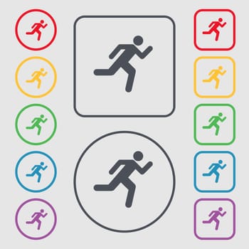 running man icon sign. symbol on the Round and square buttons with frame. illustration
