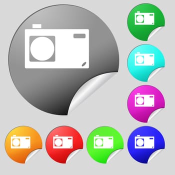 Photo camera sign icon. Digital symbol. Set of eight multi colored round buttons, stickers. illustration